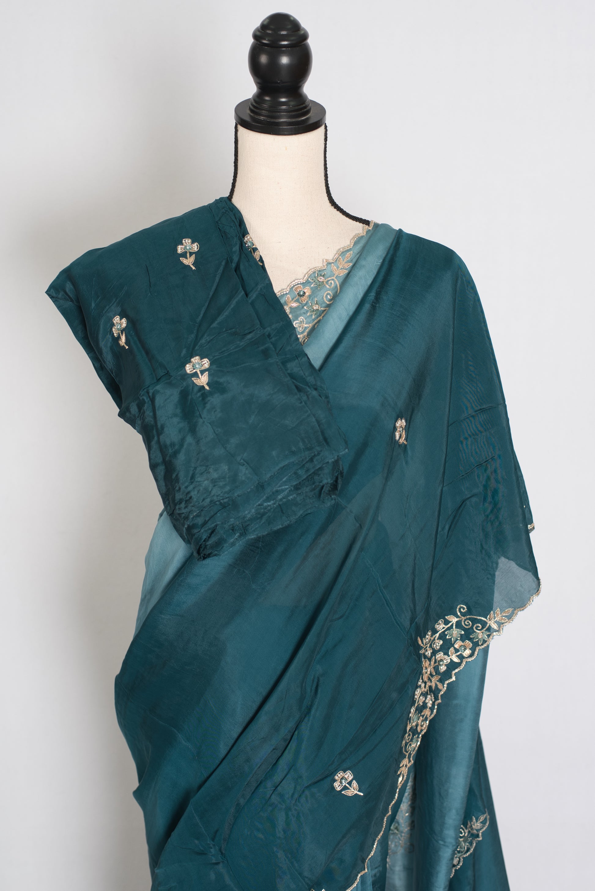 Nadia | Teal Green Shaded Soft Organza Saree | Zardosi Hand Embroidery image 1
