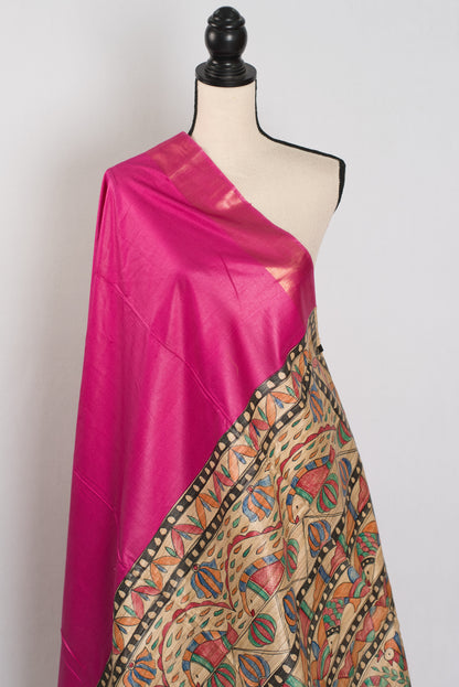 Tithi: Rani Pink Staple Tussar Saree | Hand-Painted Madhubani Pallu image 4