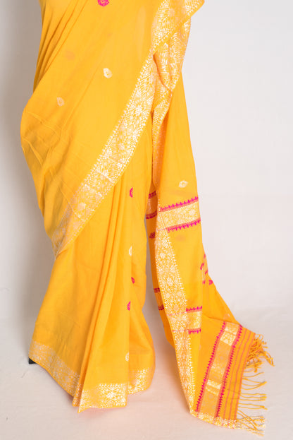 Sanya : Bright Yellow Pure Cotton Assamese Handloom Saree image 4