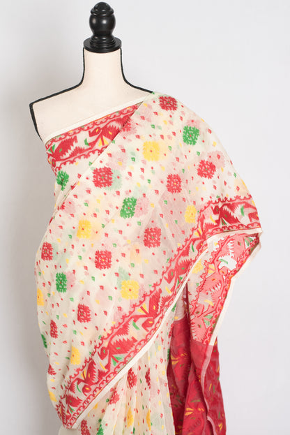 Sneha : Blended Soft Cotton Jamdani Bengali Saree in Cream and Red image 2