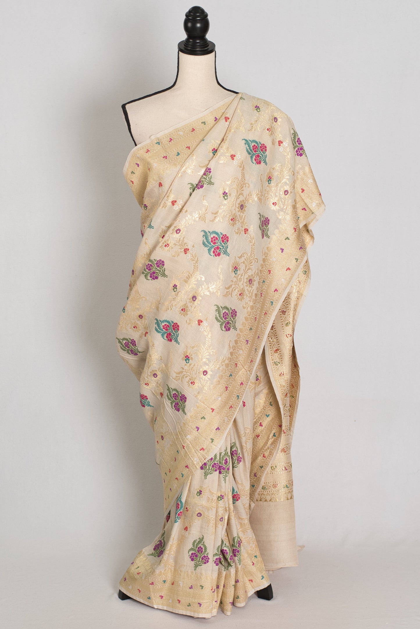 Reena : Beige & Gold Tussar Georgette Banarasi Saree with Minakari Floral Jaal image 0