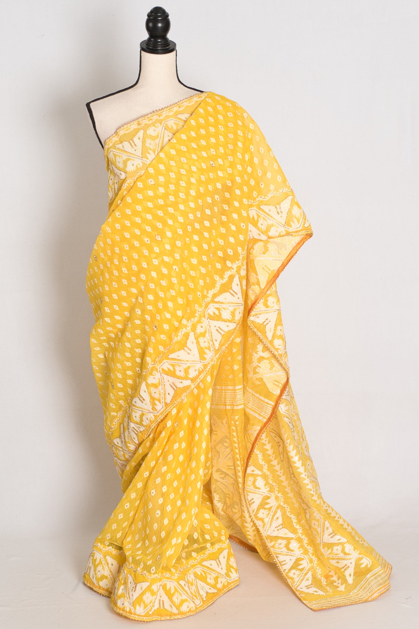 Gita – Bright Yellow and White Blended Cotton Jamdani Saree image 0