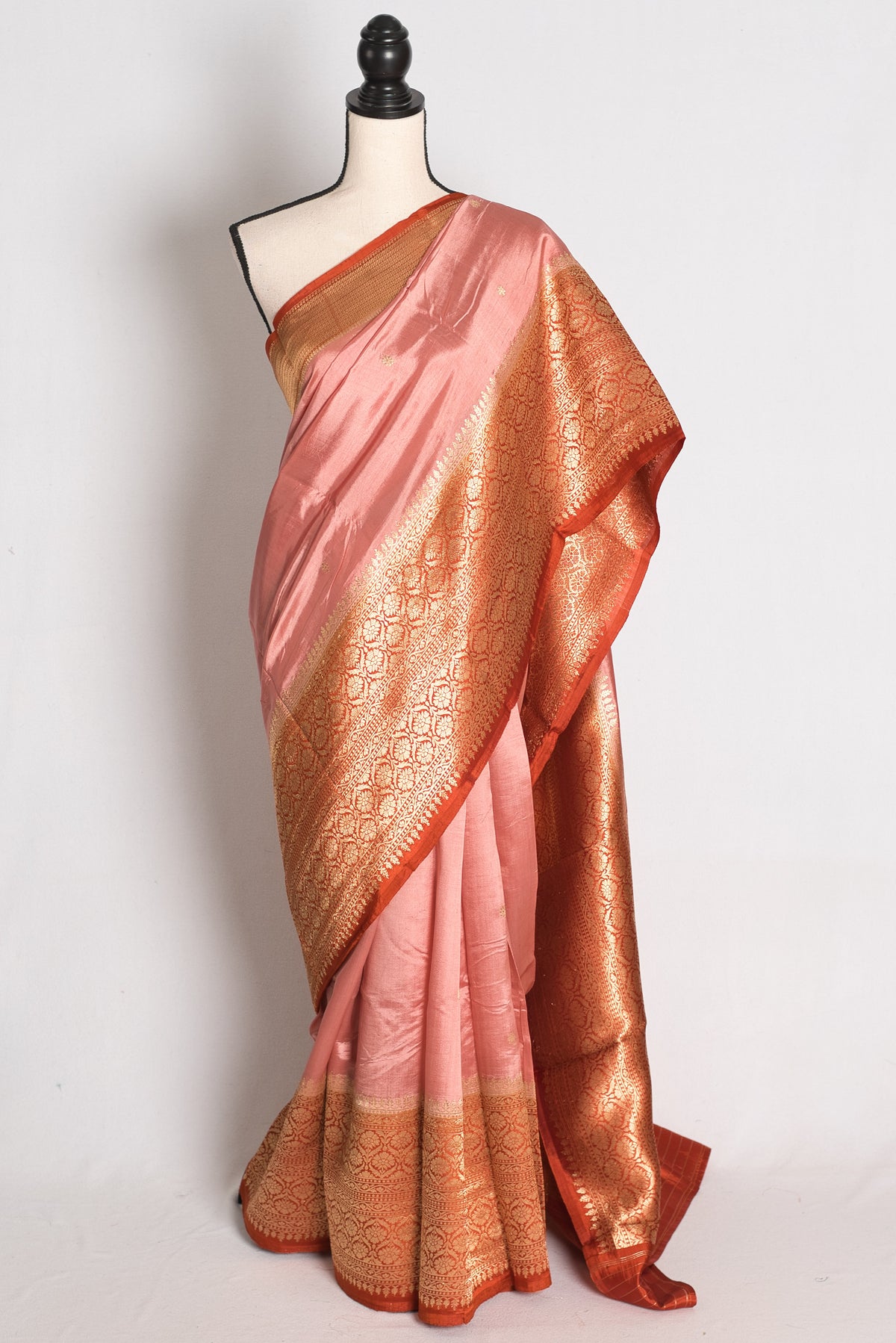 Paroma: Pastel Brown and Rust Wide Border Raw Mango Silk Banarasi Saree image 0