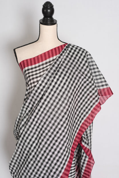 Amrita: White and Black Gamcha Checks Soft Cotton Dhaniakhali Saree image 2