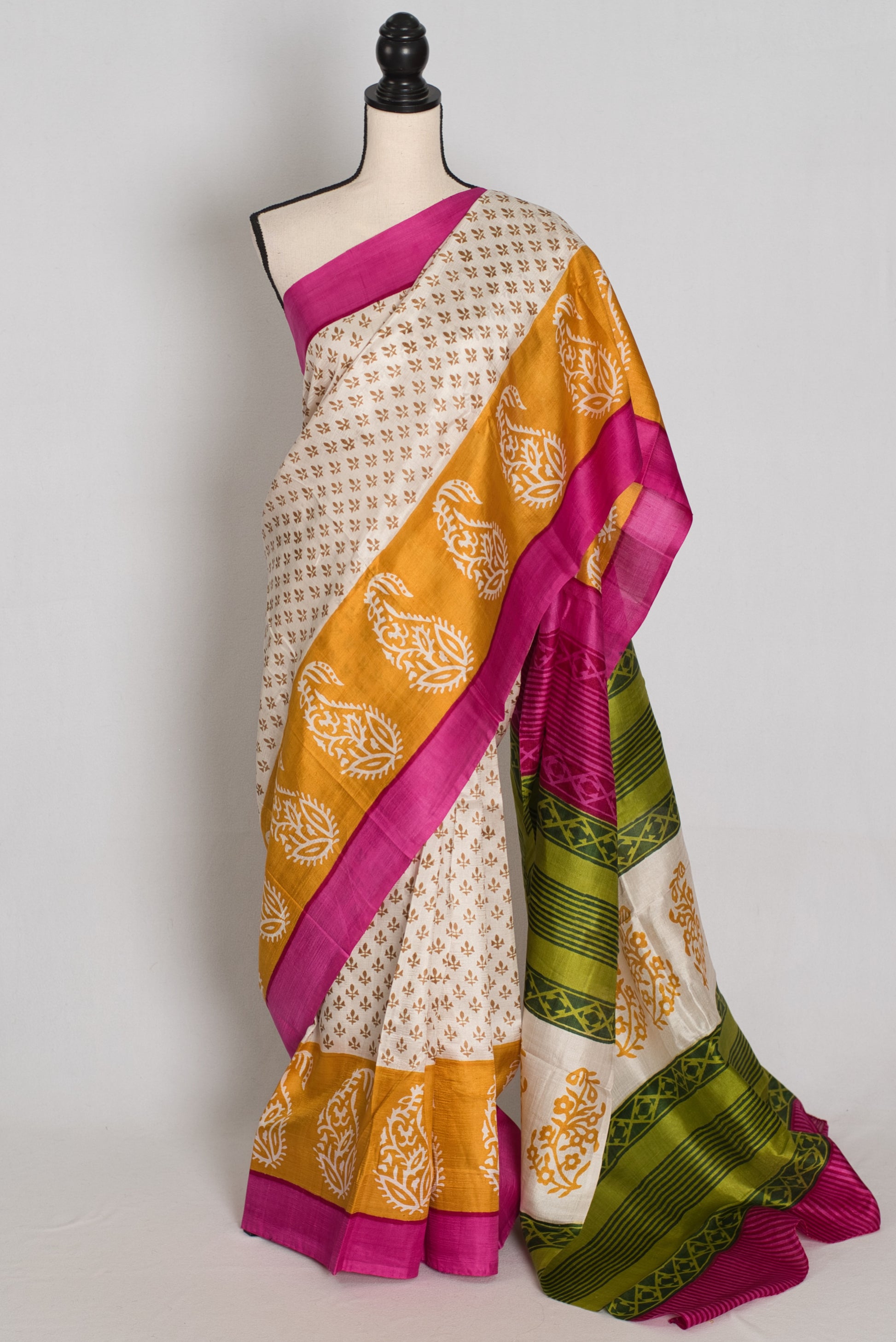 Basanti : Off-White, Pink and Yellow Hand Block Printed Murshidabad Silk Saree image 0