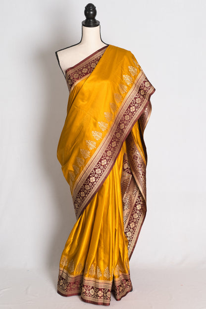 Damini: Mustard Yellow Semi Mashru Valkalam Banarasi Silk Saree image 0