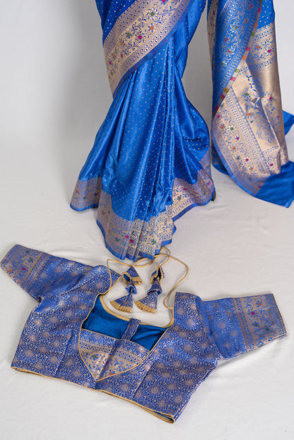 Nila | Blue Semi Mashru Banarasi Saree | Pre-Stitched Size 42 Brocade Blouse image 2