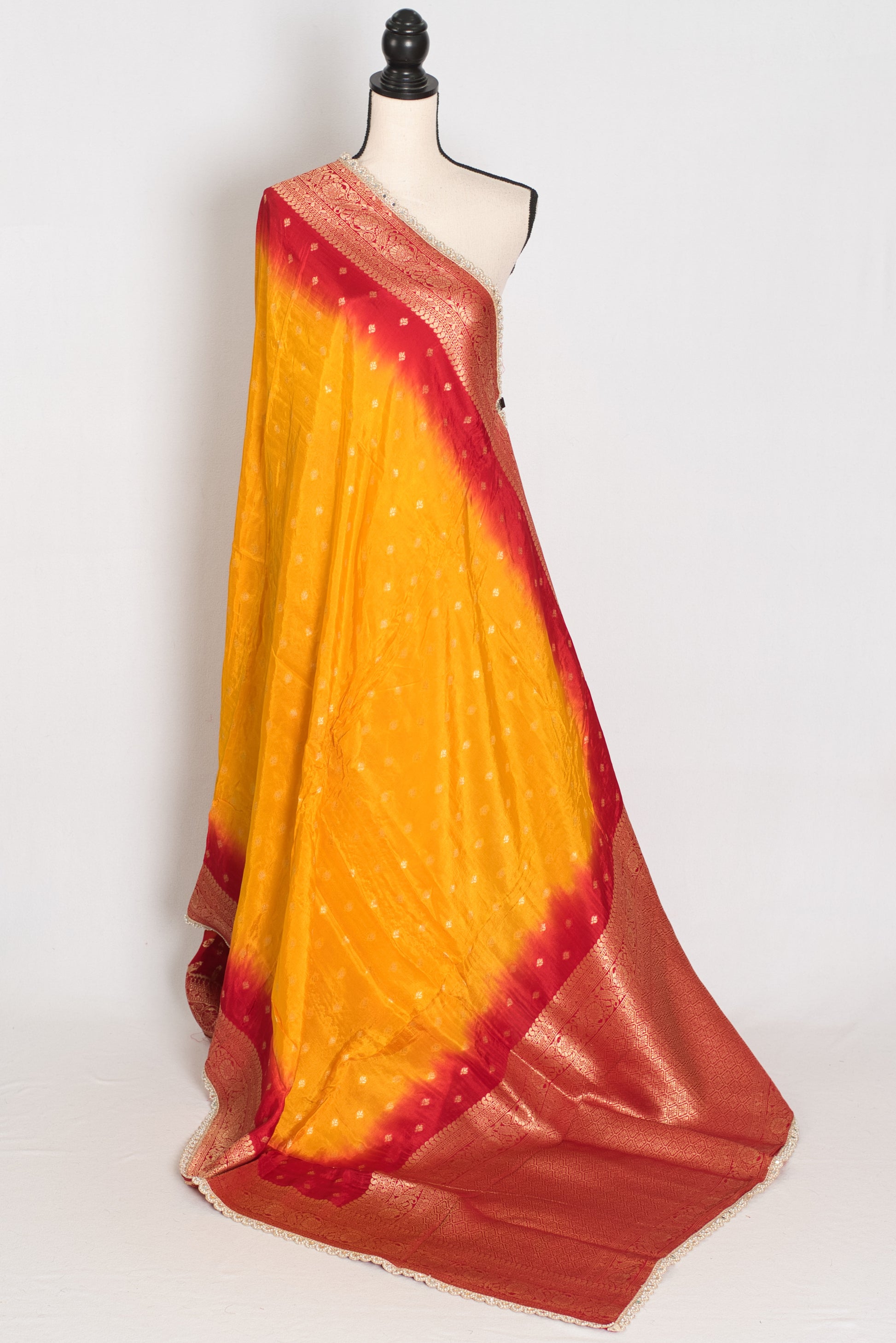 Mala | Yellow & Red Dola Silk Banarasi Saree | Soft & Flowy image 2