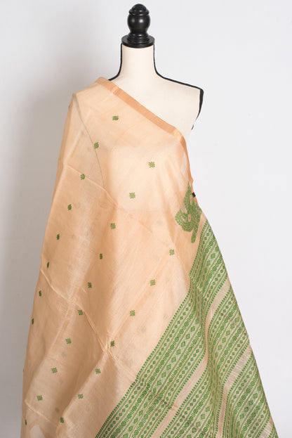 Prerna : Bengal Handloom Tussar Silk Saree in Beige and Green image 4