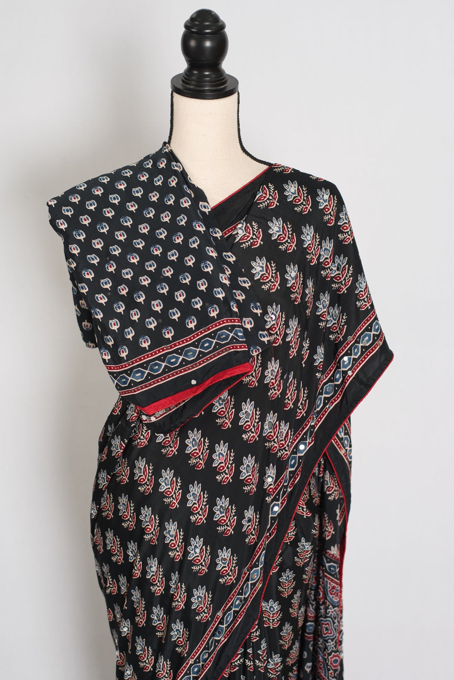 Afrin | Black Ajrakh Printed Saree | Mirror Work Semi Modal Silk image 2