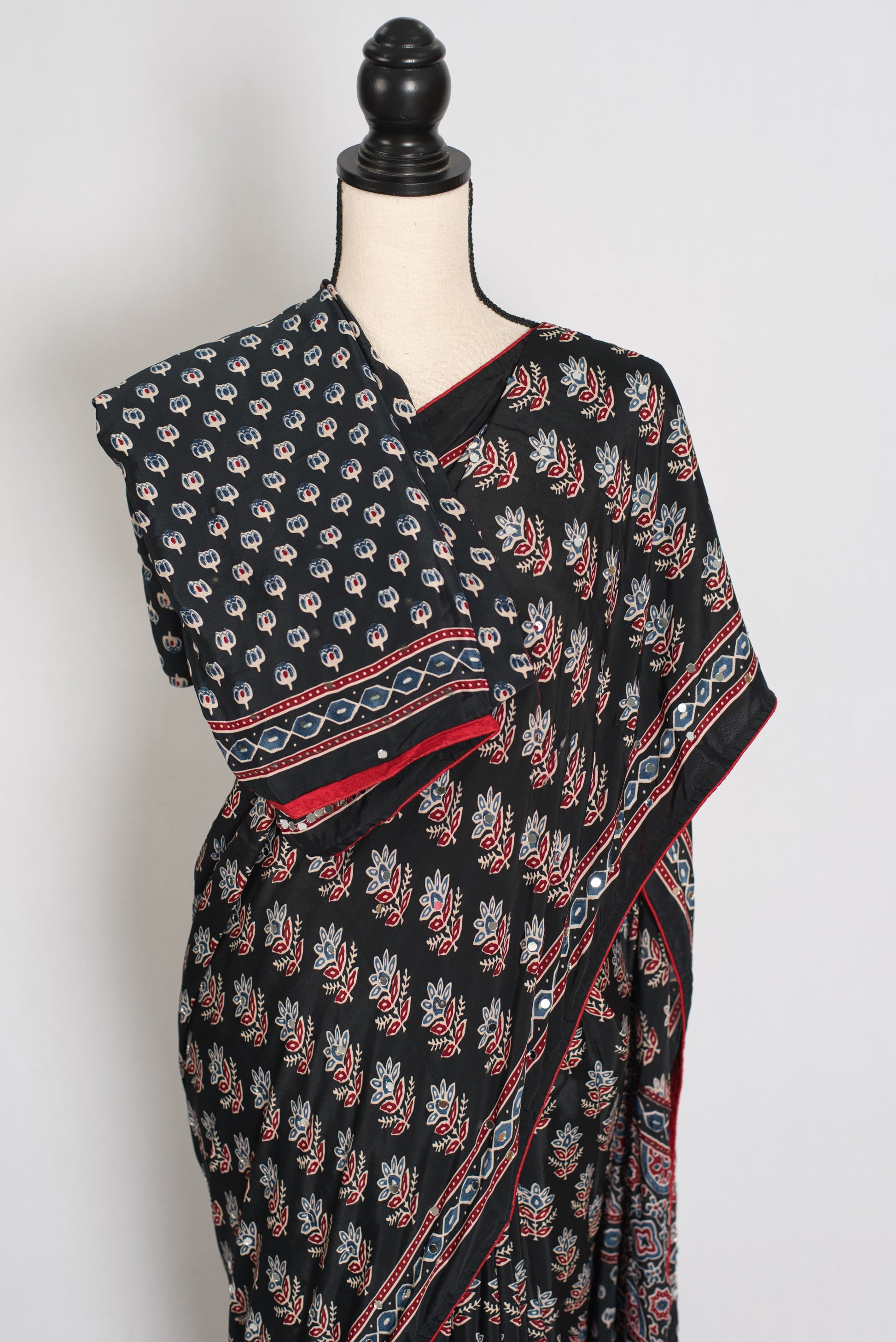 Afrin | Black Ajrakh Printed Saree | Mirror Work Semi Modal Silk image 2