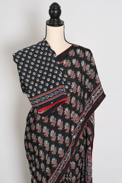 Afrin | Black Ajrakh Printed Saree | Mirror Work Semi Modal Silk image 2