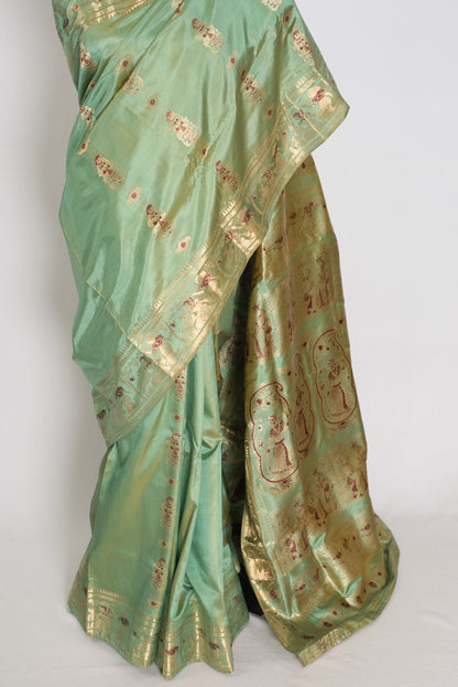 Vibha | Pastel Sea Green Handwoven Minakari Swarnachari Saree | 40 Size Blouse image 6