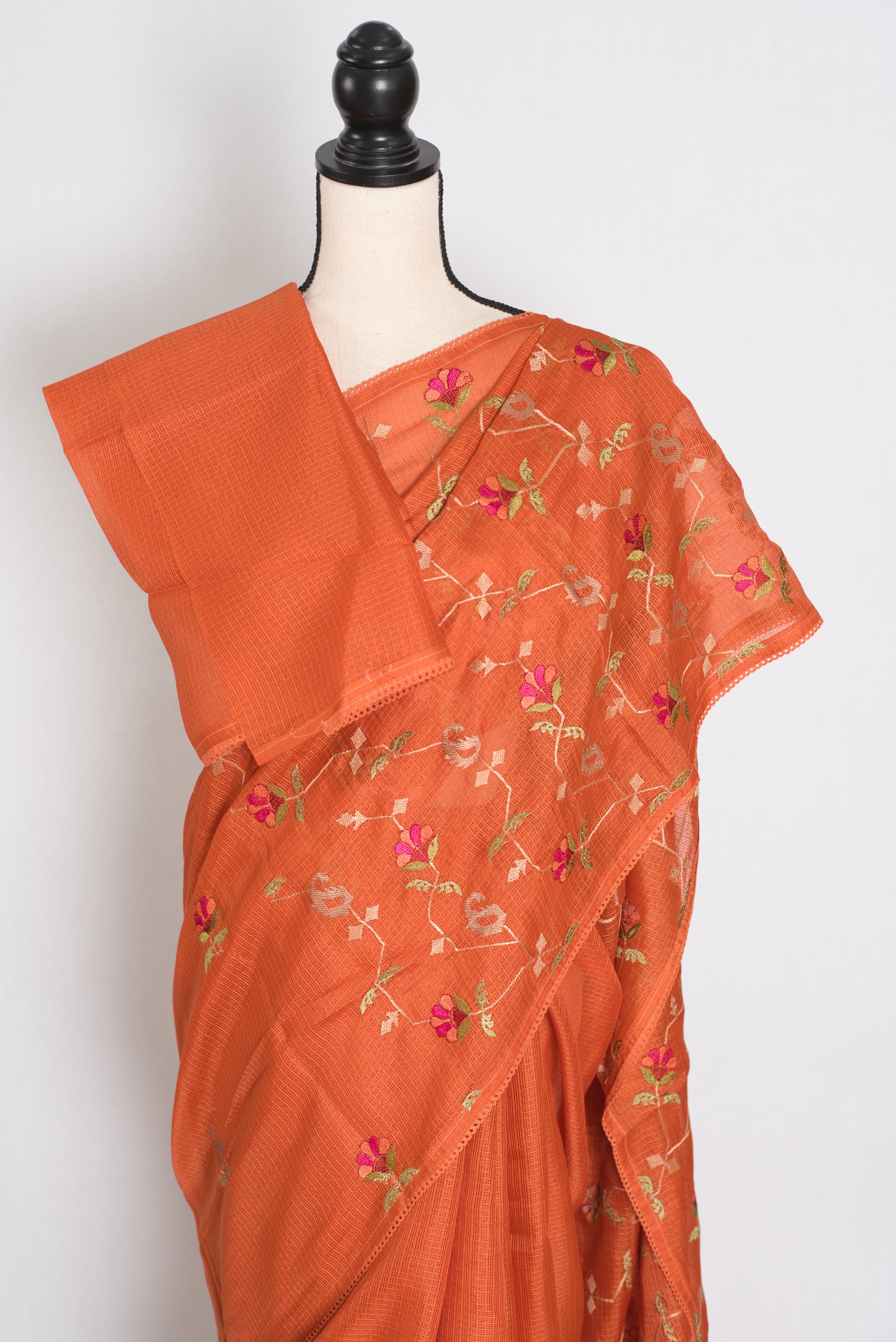 Anjani | Vibrant Orange Blended Kota Silk Saree | Soft, Flowy Machine Embroidery image 2