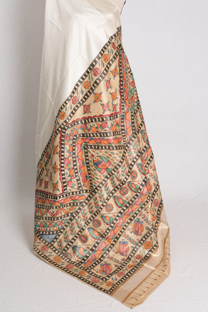 Shwetraag -  Hand-Painted Madhubani Staple Tussar Saree in Pristine White image 3