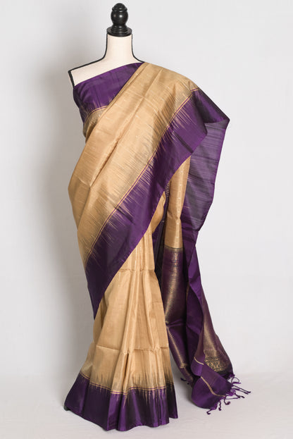 Nita : Beige and Deep Purple Lightweight Pure Kanjivaram Silk Saree image 0