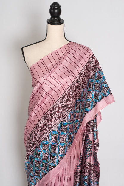 Archana : Soft Pink and Black Hand Block Printed Murshidabad Silk Saree image 6