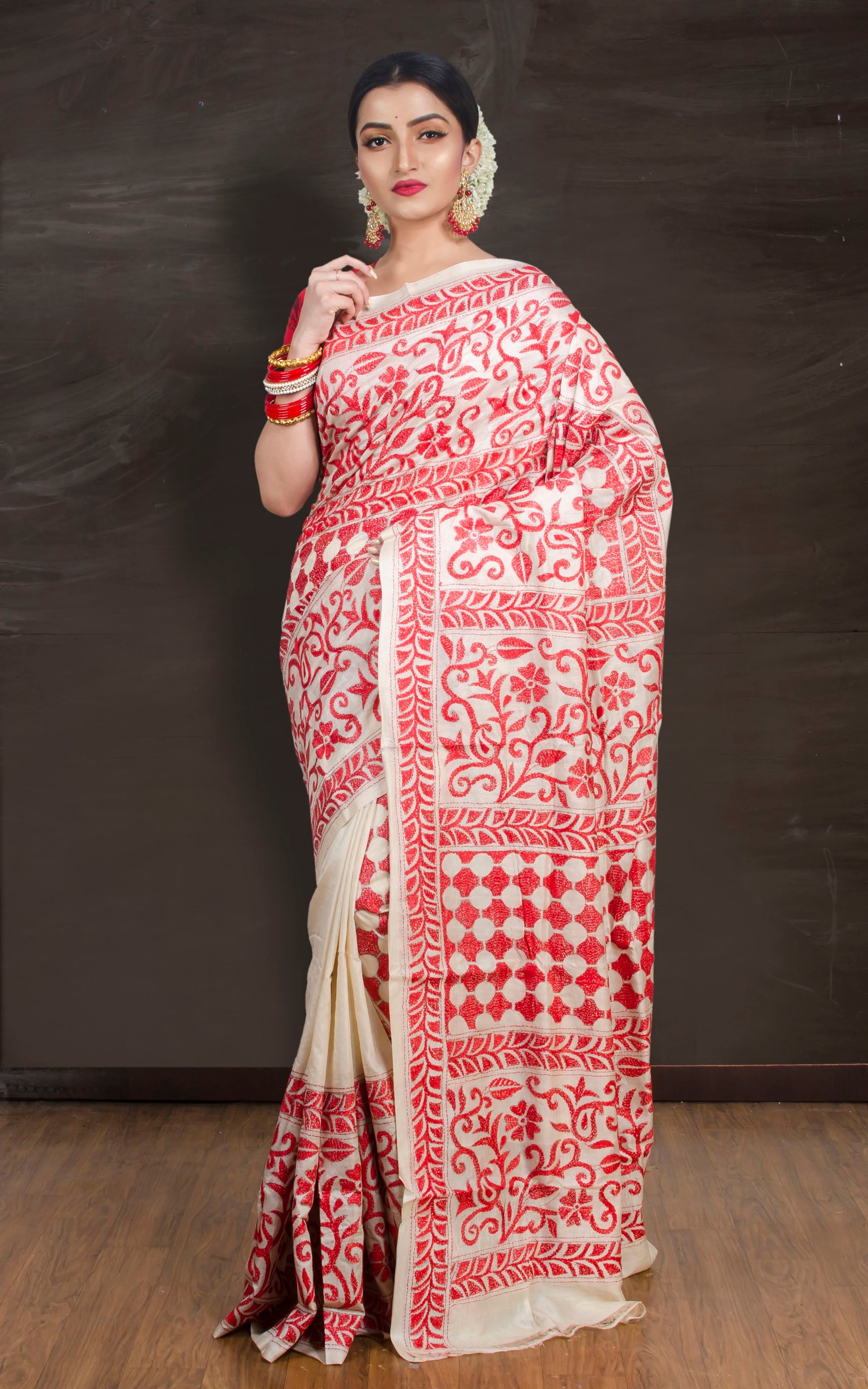 Ahiri | Beige and Red Kantha Stitch Gachi Tussar Silk Saree image 0