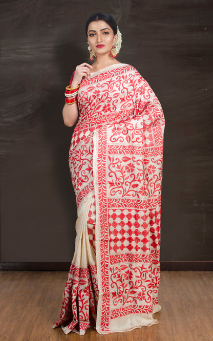 Ahiri | Beige and Red Kantha Stitch Gachi Tussar Silk Saree image 0