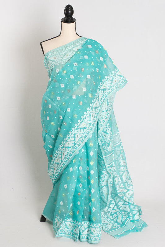 Subha : Sea Blue Blended Soft Cotton Jamdani Bengali Saree image 0