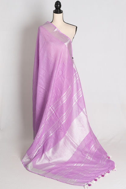 Vibha : Lilac Pure Linen Saree with Silver Zari Border image 1