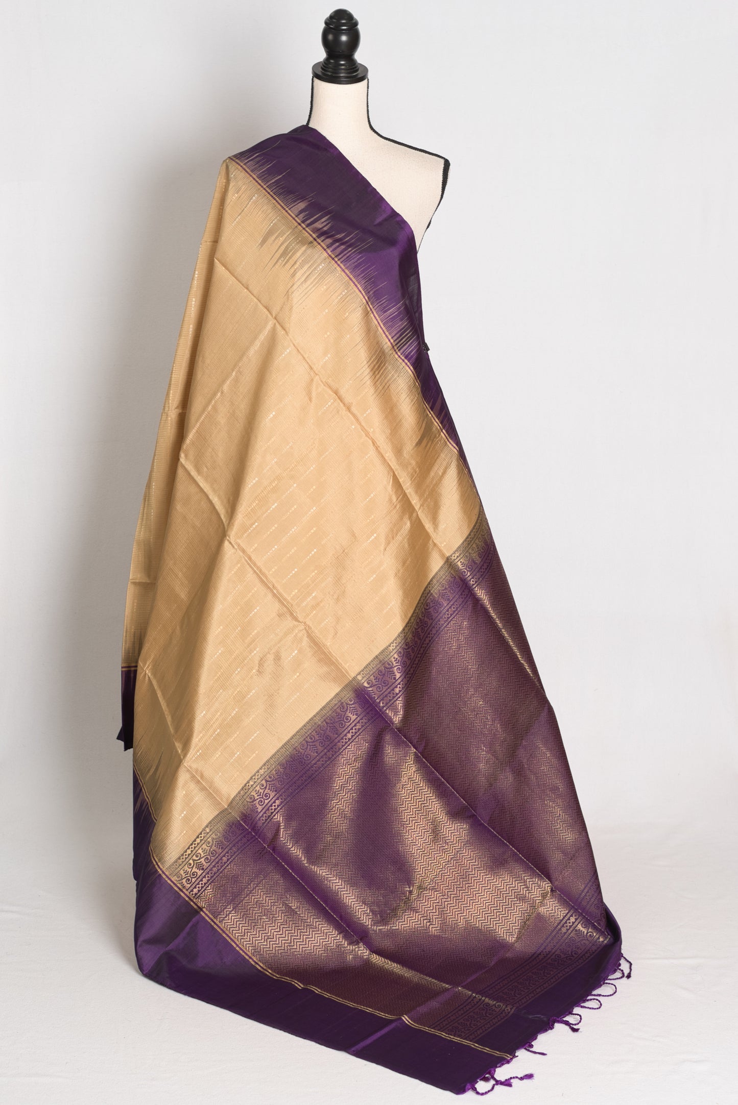 Nita : Beige and Deep Purple Lightweight Pure Kanjivaram Silk Saree image 1