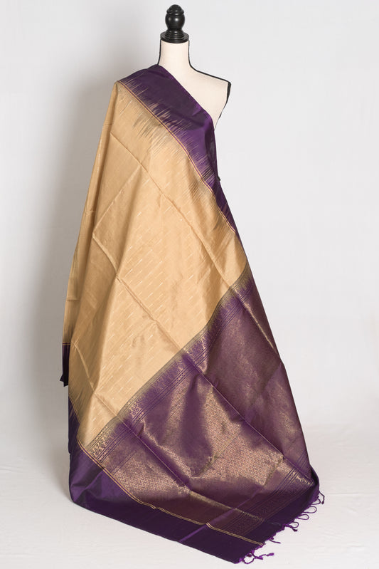 Nita : Beige and Deep Purple Lightweight Pure Kanjivaram Silk Saree image 1