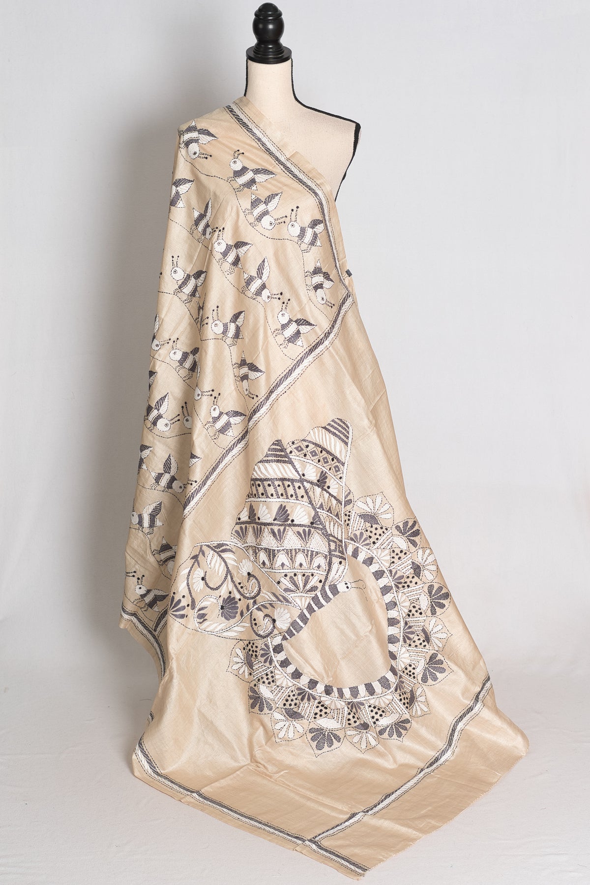 Bhromor: Hand-Embroidered Kantha Stitch Gachi Tussar Silk Saree image 1