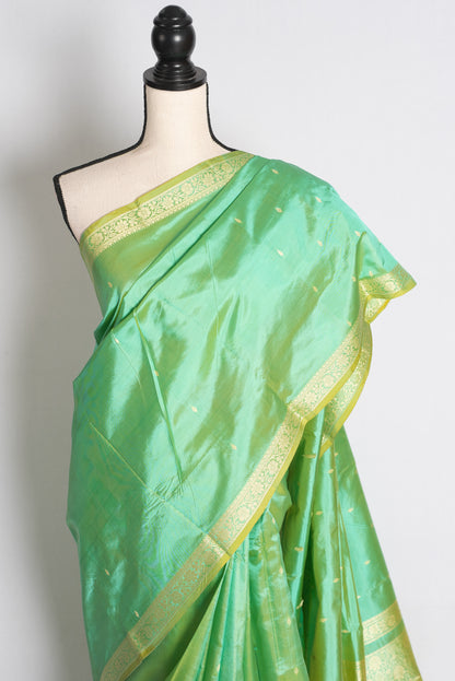 Shukti: Green and Gold Lightweight Katan Banarasi Silk Saree image 6