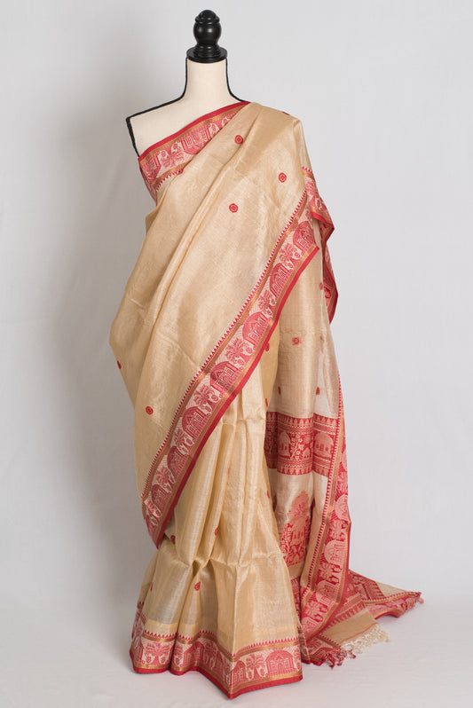 Lopamudra : Bengal Tussar Silk Saree in Beige and Red with Nakshi Border image 0