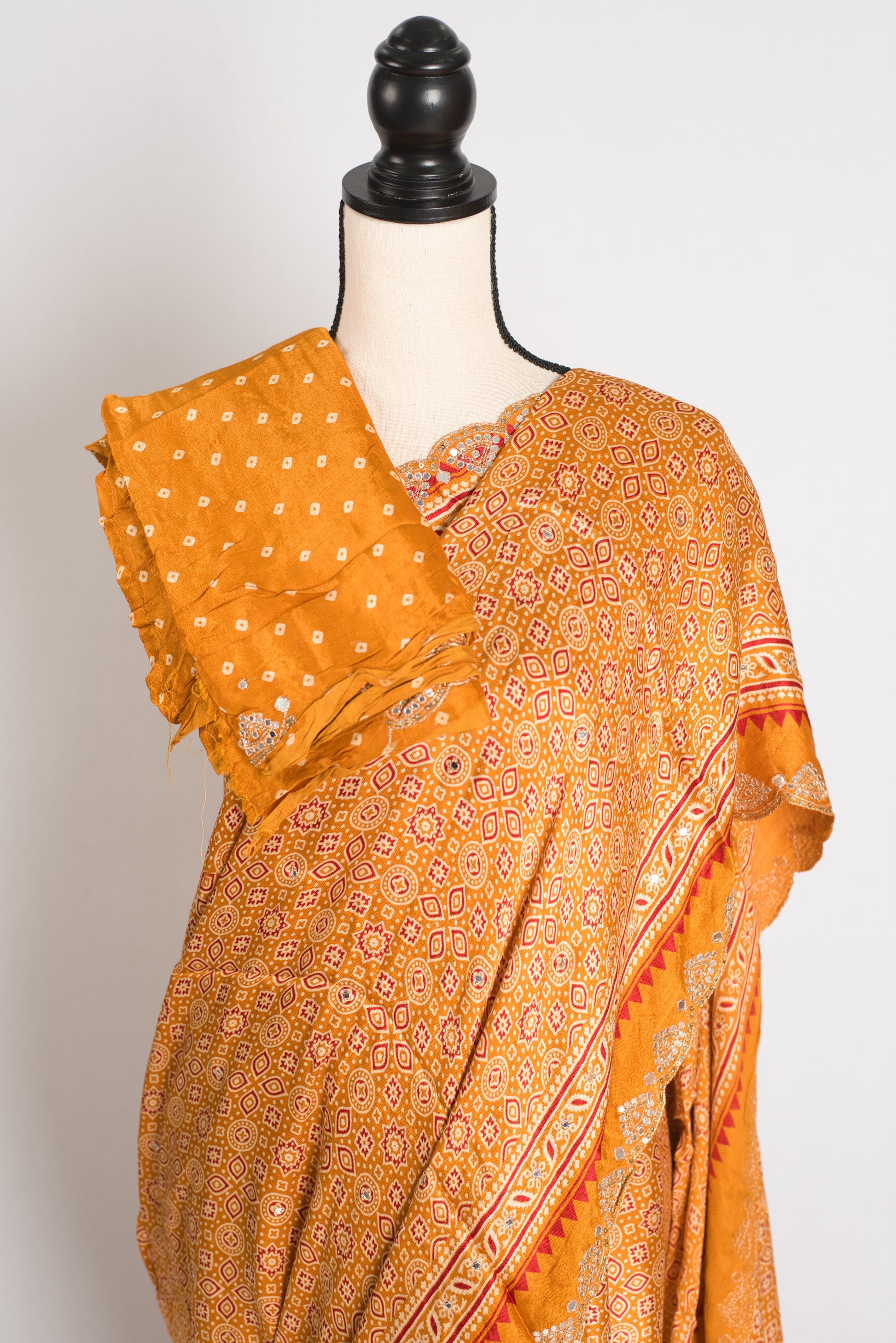 Heema : Yellow Pure Modal Silk Ajrakh Saree with Hand Embroidery Gota Patti Work image 2