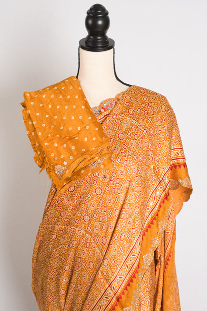 Heema : Yellow Pure Modal Silk Ajrakh Saree with Hand Embroidery Gota Patti Work image 2