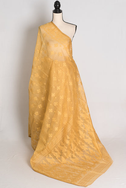 Dhriti : Beige and Gold Soft Blended Cotton Bengali Jamdani Saree image 1