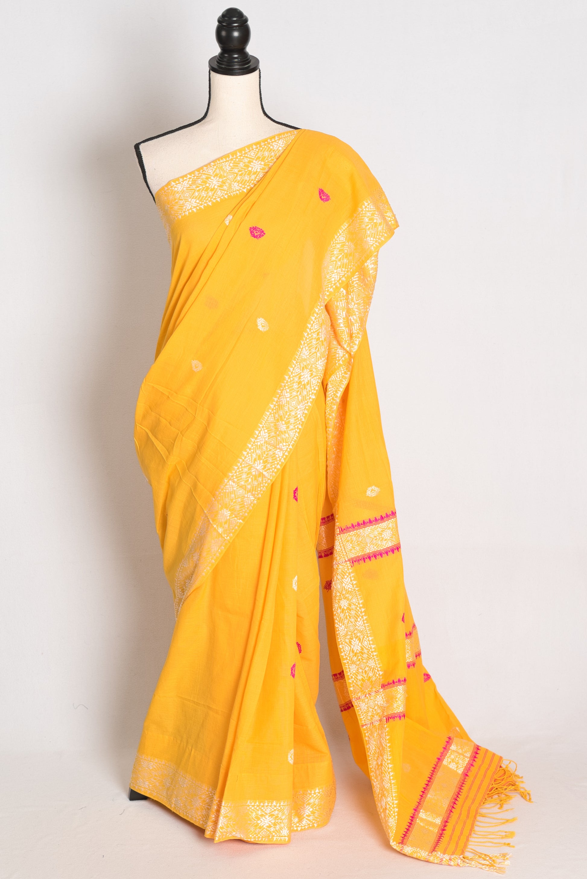 Sanya : Bright Yellow Pure Cotton Assamese Handloom Saree image 0