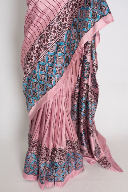 Archana : Soft Pink and Black Hand Block Printed Murshidabad Silk Saree image 5