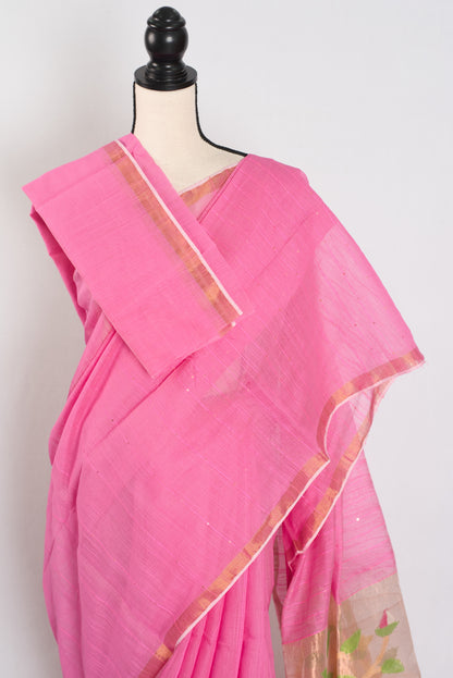 Bristi: Pink & Gold Muslin Cotton Jamdani Saree | Hand-Inspired Sequin Weaving image 3