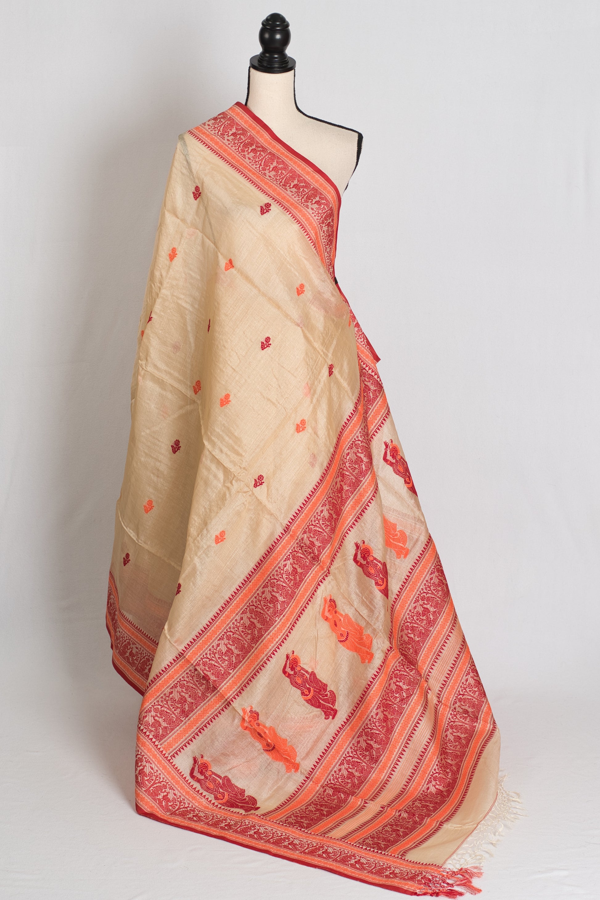 Devanshi : Bengal Tussar Baluchari Saree in Beige, Red and Orange image 1