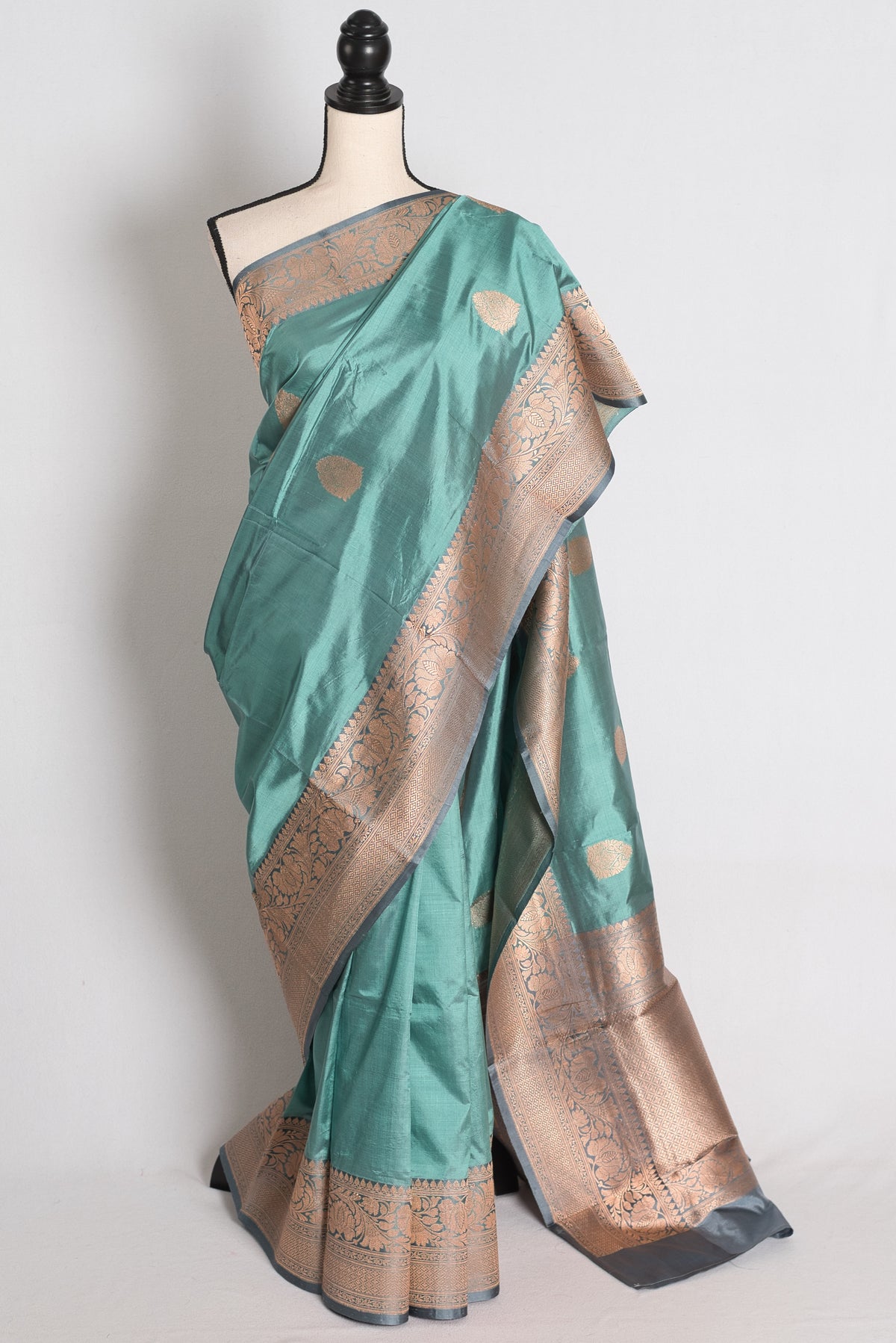 Uma: Pastel Green and Grey Banarasi Silk Saree with Blouse Piece image 0