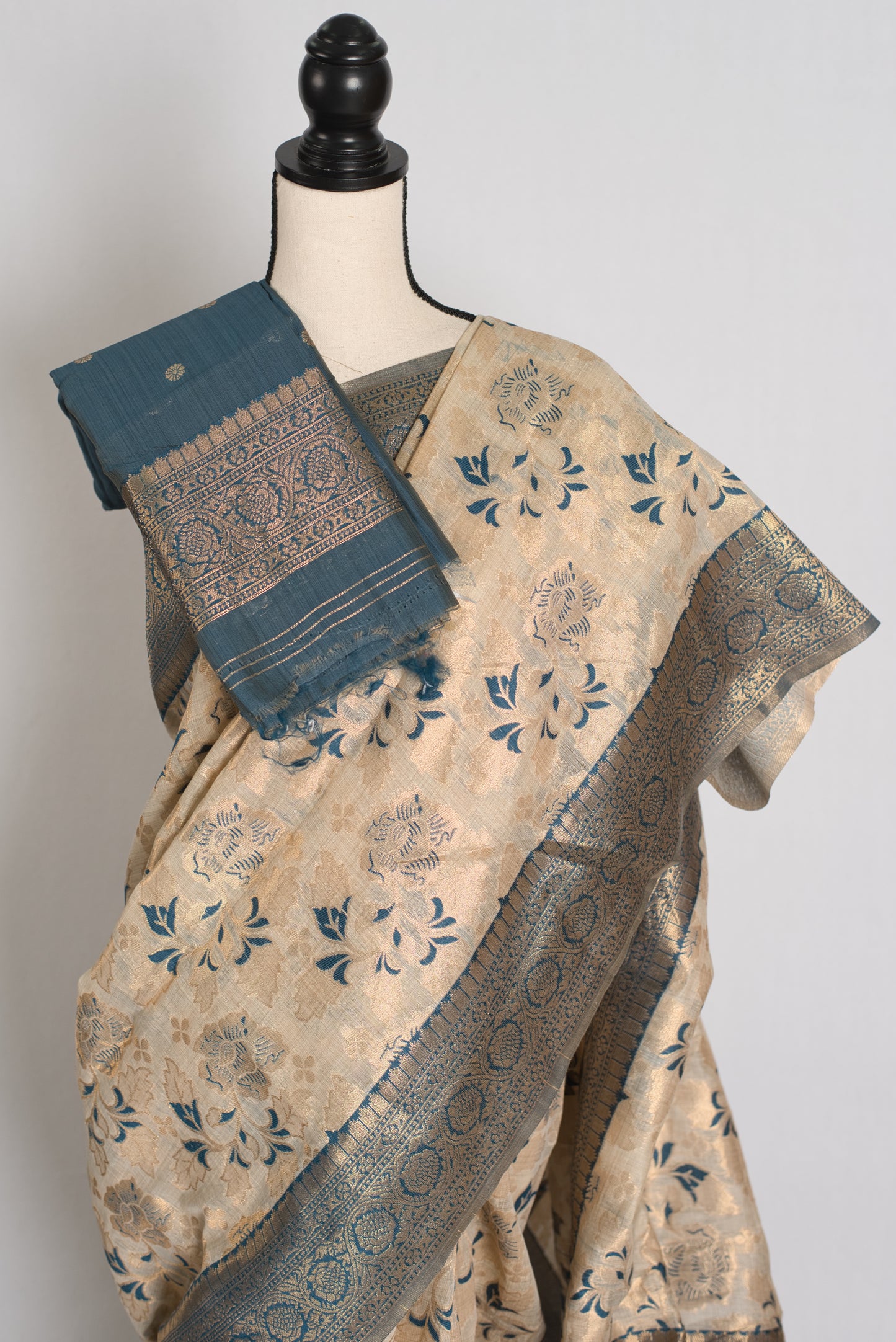 Jamini: Budget Friendly Blended Cotton Banarasi Saree in Beige and Blue image 2