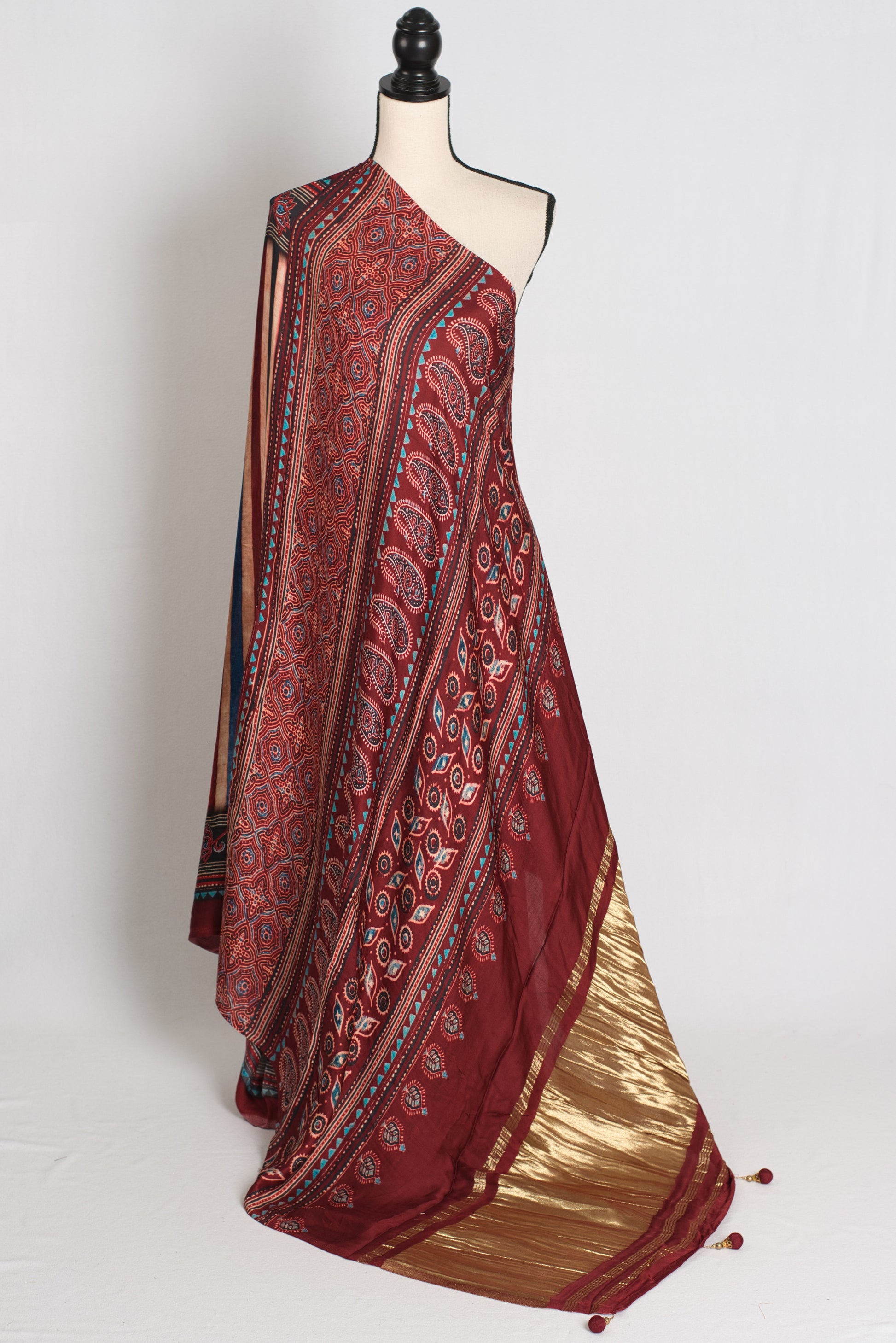 Soraya : Maroon Modal Silk Ajrakh Saree with Multi-Color Vertical Stripes image 1