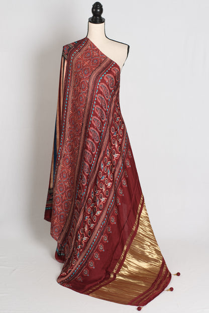 Soraya : Maroon Modal Silk Ajrakh Saree with Multi-Color Vertical Stripes image 1