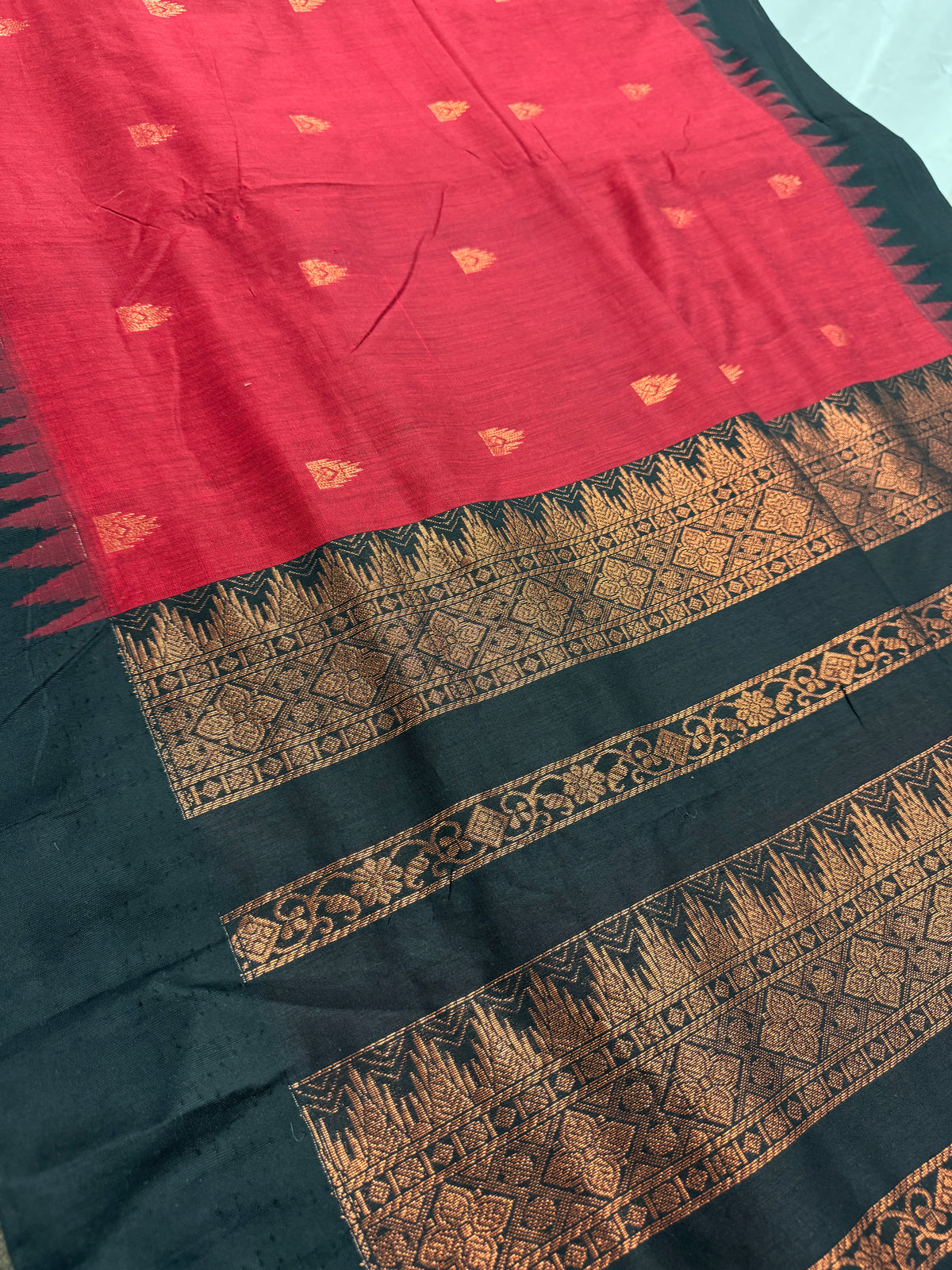 Dhriti: Dark Red Blended Cotton Gadwal Saree with Black Zari Border image 4