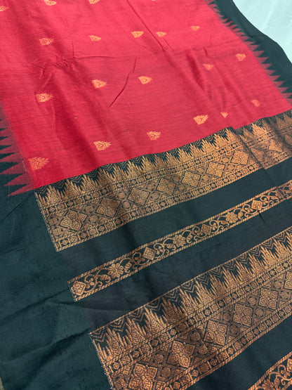 Dhriti: Dark Red Blended Cotton Gadwal Saree with Black Zari Border image 4