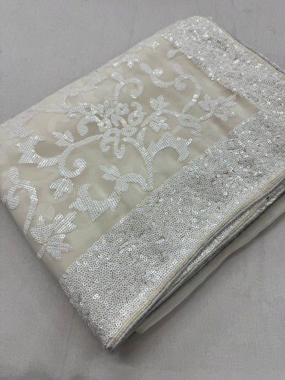 Damini | Ivory White Sequin Georgette Cocktail Saree | Classic Embroidery image 1