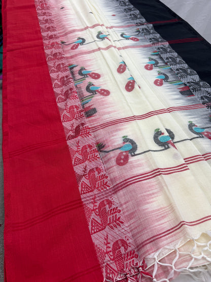 Mitra: Off White Cotton Handloom Saree with Ganga Jamuna Border image 6