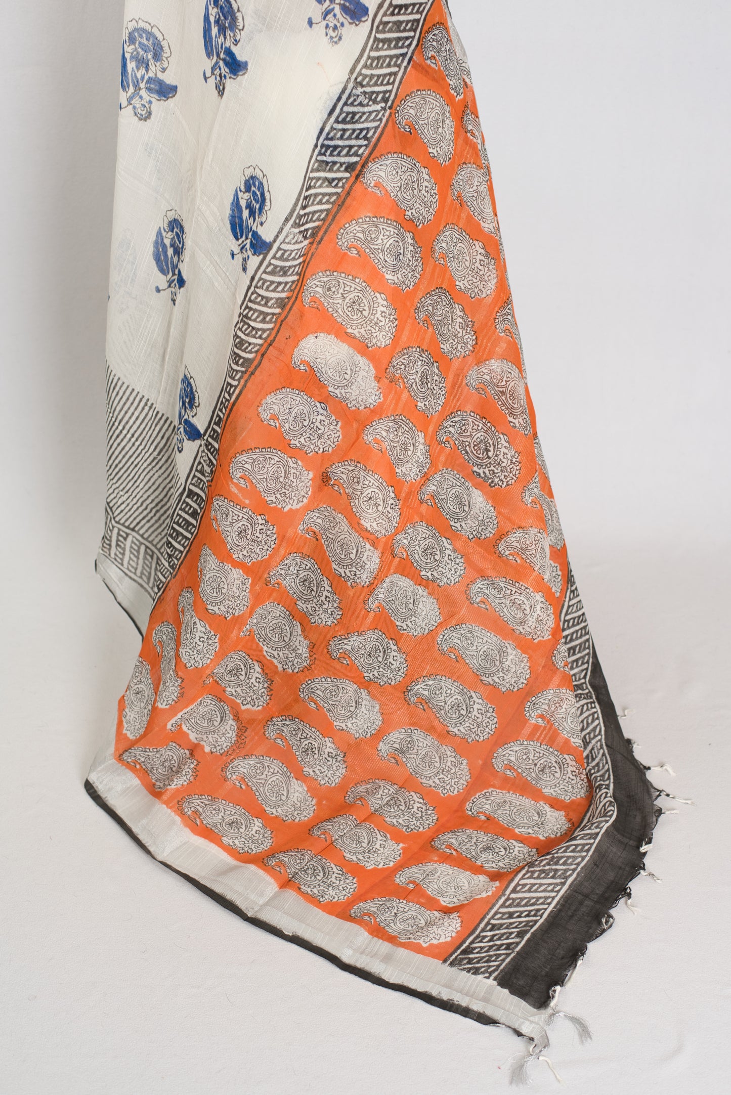 Madhuri: White & Blue Hand Block Printed Saree | Soft Linen Cotton image 5