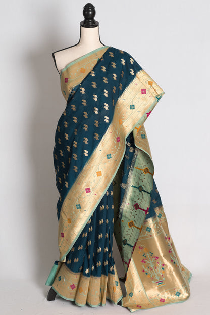 Sangiya: Blue Paithani Semi Silk Saree with Light Blue Border image 0
