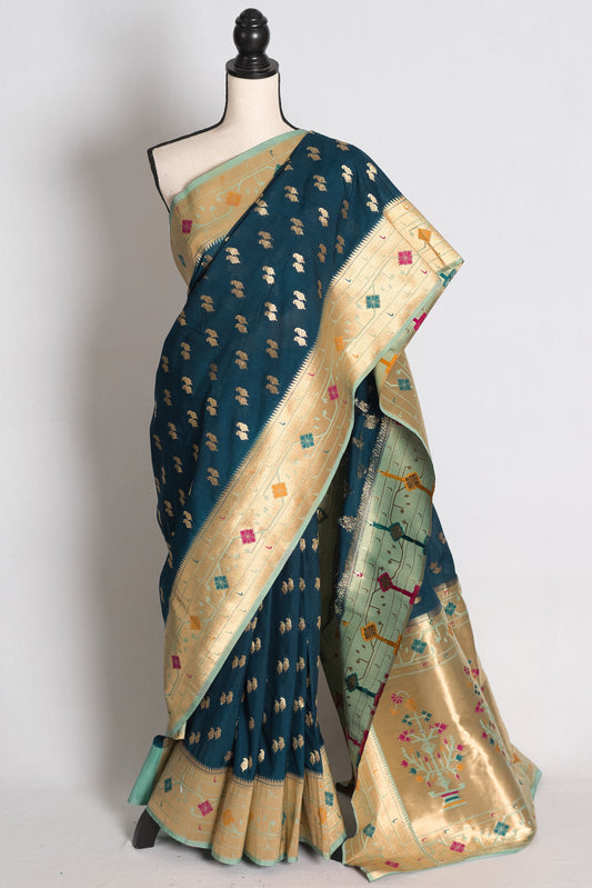 Sangiya: Blue Paithani Semi Silk Saree with Light Blue Border image 0