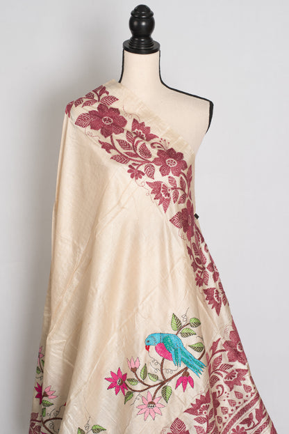 Pritha : Beige and Maroon Hand Embroidered Kantha Stitch Pure Gachi Tussar Saree image 4