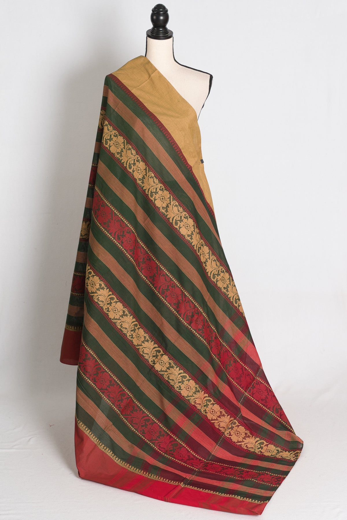 Bottle Green and Red Dhaniakhali saree — front view
